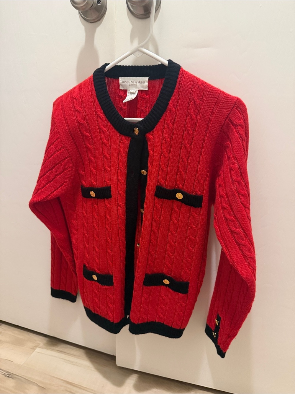 Jones New York Red Cable-Knit Cardigan with Black Trim and Gold Buttons